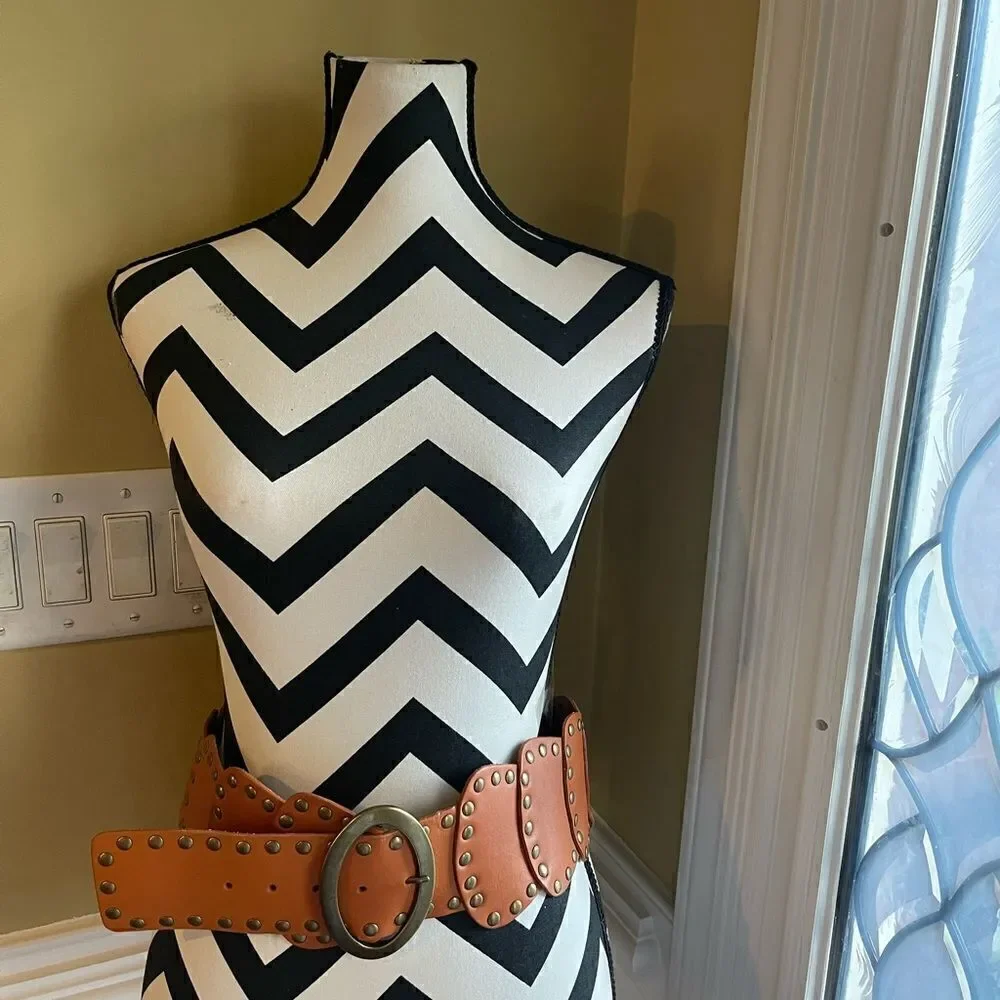 Lake shore Drive leather tan patchwork Belt with brass buckle & studs accents
